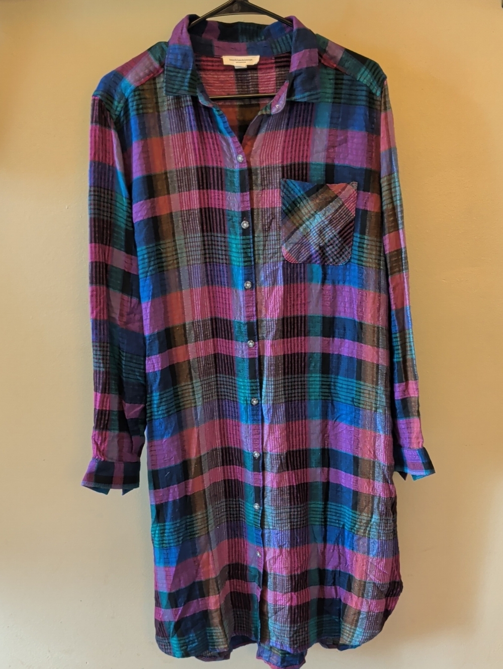 beachlunchlounge Plaid Long-Sleeve Button Dress in Purple and Blue